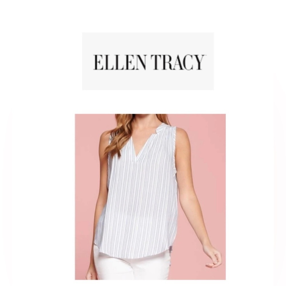 Ellen Tracy Linen Sleeveless Top Womens Blue White Stripe Button Up Neckline S